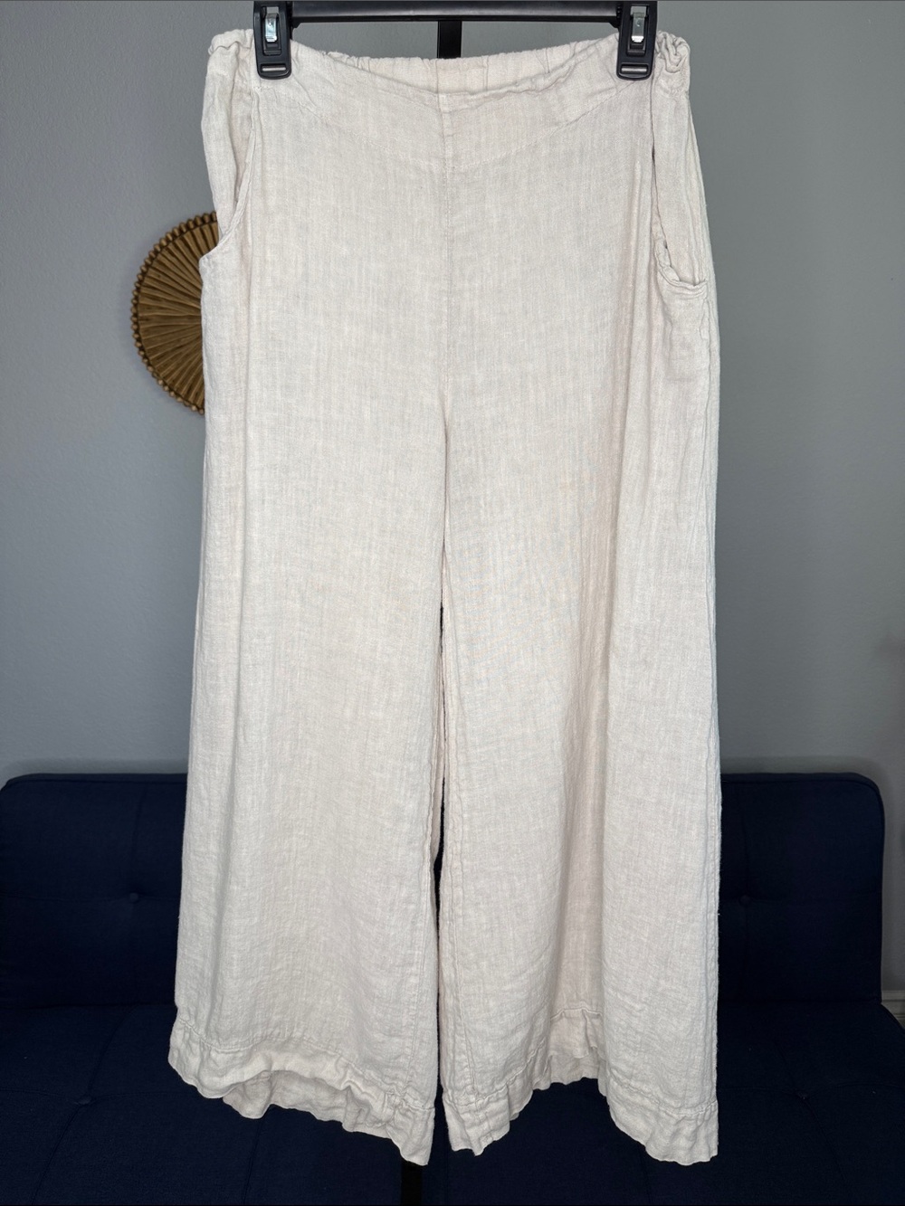 Saga Italian Oatmeal Cream 100% Linen wide leg Lagenlook Coastal pants Med Large
